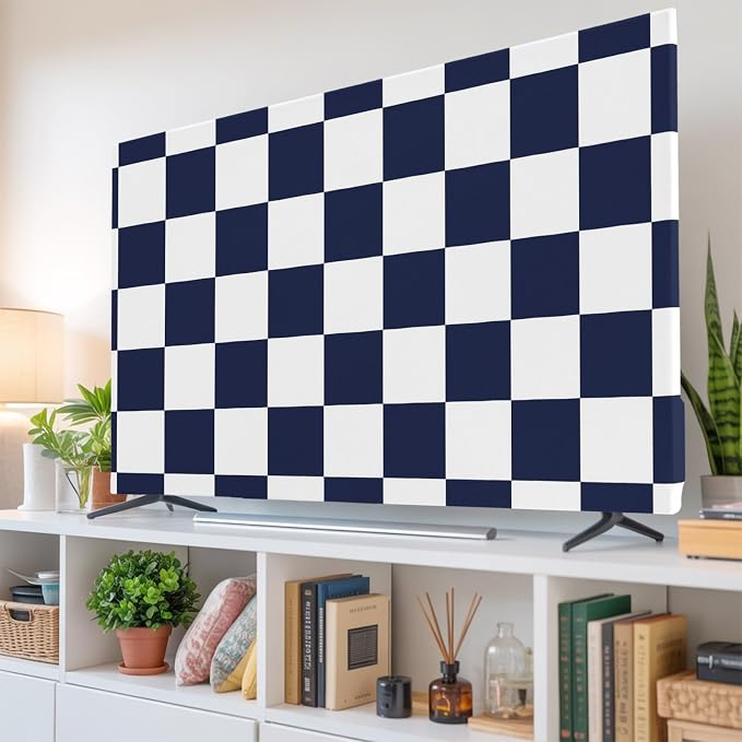Navy Blue White Checker Indoor TV Cover, Elastic TV Screen Protector Buffalo - Image 6