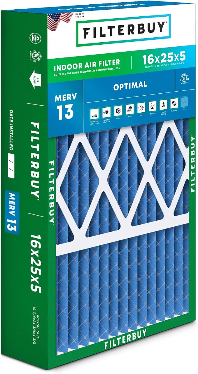 Filterbuy 16x25x5 Air Filter MERV 13 Optimal Smoke & Allergy Defense, Pleated by Filterbuy