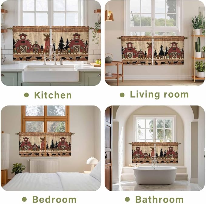 Brown Farmhouse Tier Curtains, Vintage Country Animals Wooden Grain Light - Image 8
