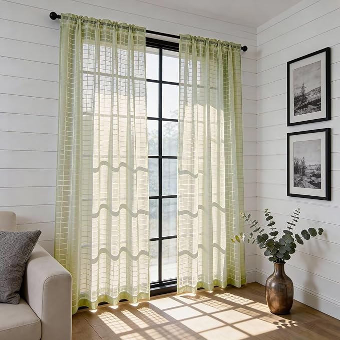 SpaceDresser Check Sheer Curtains 96 Inches 2 Panels Set, Rod Pocket Plaid Window Curtain for Living Room, Sage Green Semi Sheer Drapes for Kitchen Bedroom Children Room Yard（Sage Green, 52W x 96L）