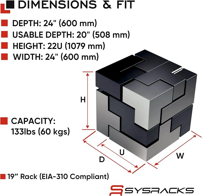 Sysracks 22U Wall Mount Server Rack Cabinet, 19” Locking Network Rack, 24” Deep - Image 3