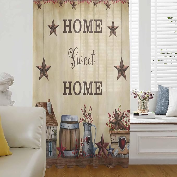 Farm Sheer Curtains 63 Inch Length American Country Barn Star Vintage Berry by Unknown