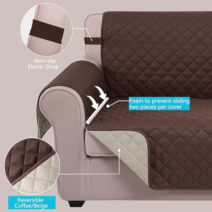 U-NICE HOME Recliner Chair Covers Reversible Quilted Water Repellent Pet Protectors with Elastic Straps (23''Recliner Small, Coffee/Beige)