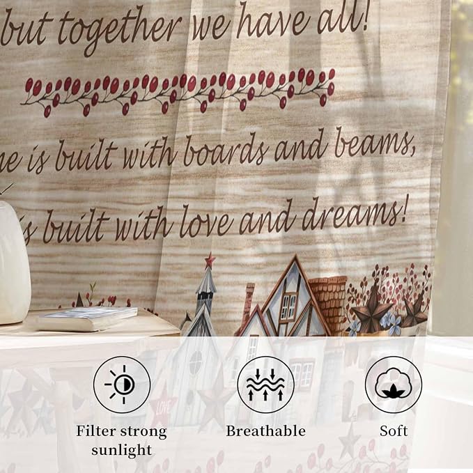 Farmhouse Sheer Curtains 54 Inch Length Brown Country Star Berry Vintage Wood - Image 2