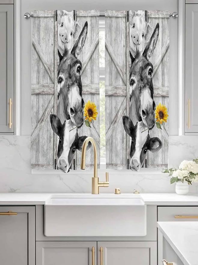Grey Farmhouse Bedroom Curtains 63 Inches Length, Vintage Sunflowers Animals - Image 3