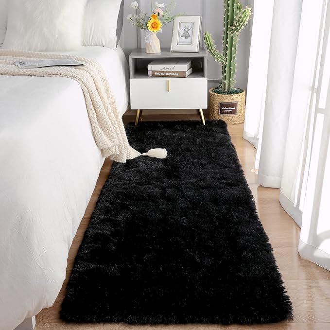 Chicrug Soft Runner Rugs for Bedroom Living Room Plush Fluffy Rug 2x7 Feet, Shag Furry Area Rug Carpet Non Shedding for Nursery Children Kids Girls Room Home Decorative, Black