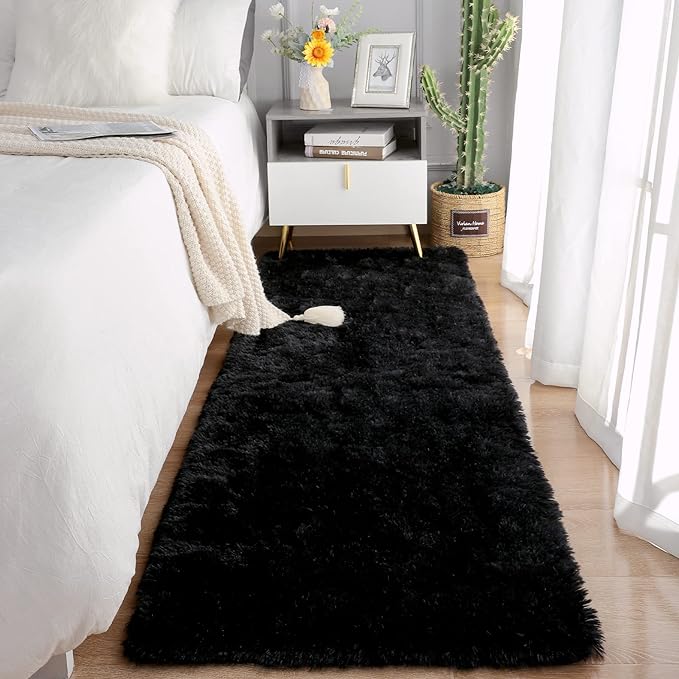 Chicrug Soft Runner Rug for Bedroom Living Room Plush Fluffy Rug 2x8 Feet, Shag Furry Runner Rug Carpet Non Shedding for Nursery Children Kids Girls Room Home Decorative, Black