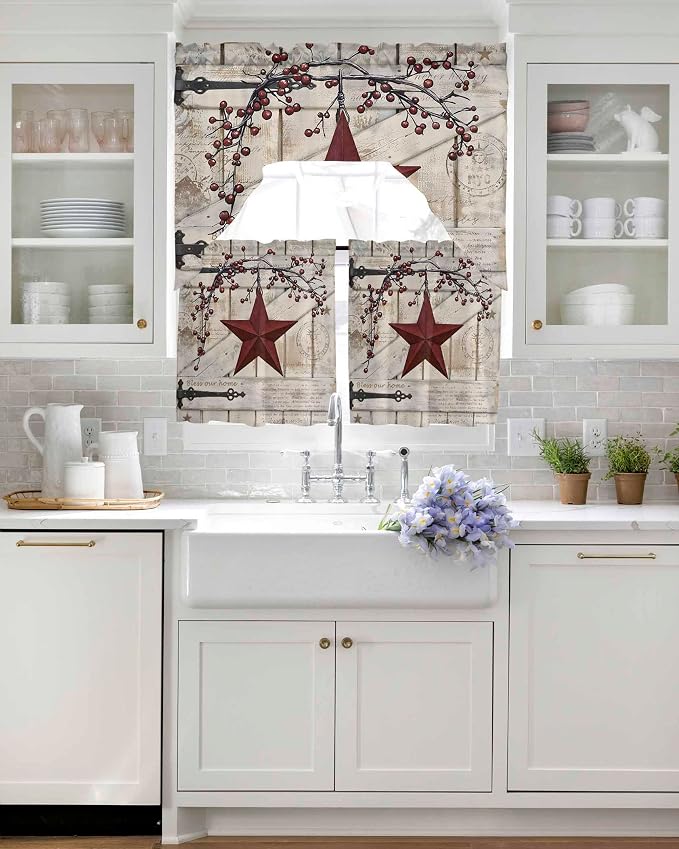 Village Stars Swag Kitchen Curtains Valance and Tier Set, Vintage Dark Red Star - Image 4