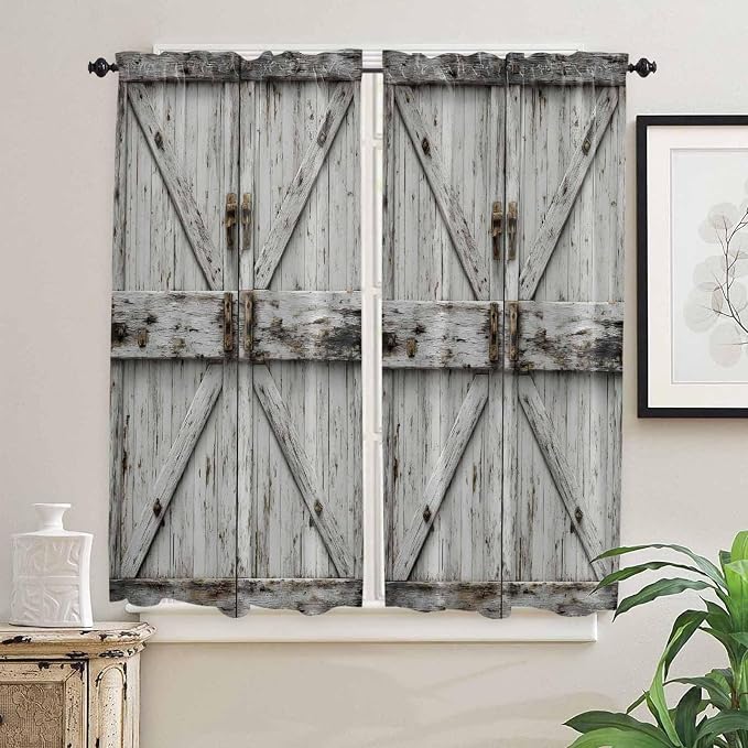 Vintage Gate Bedroom Curtains 63 Inches length, Farmhouse Wooden Grain Shabby - Image 2