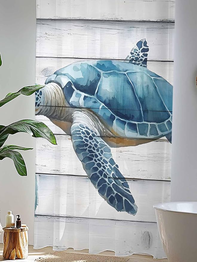 Sheer Curtains 108 Inches Long, Sea Turtle Blue Semi Sheer Curtains Light - Image 4