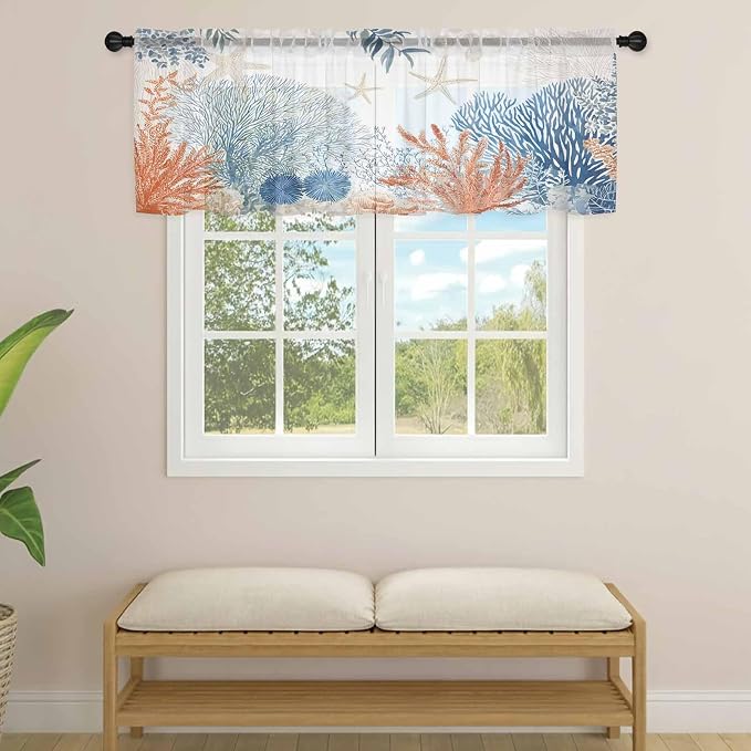 Ocean Corals Sheer Valance Curtains, Summer Beach Coral Sea Stars Light - Image 4