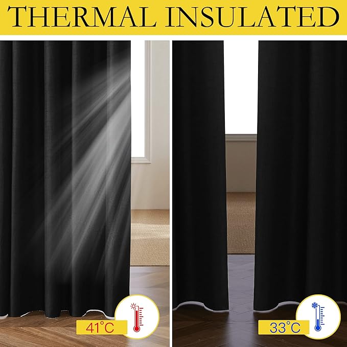 NICETOWN Vintage Open Linen Weave Flax Thermal Curtains, 100% Blackout Curtains 48 inches Long for Dining Room, Soundproof Window Treatment Drapes for Cupboard, Black, 52" Wide Per Panel, Set of 2