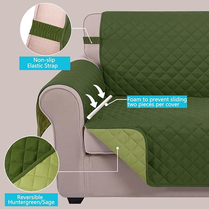 U-NICE HOME Reversible Sofa Cover Couch Cover for Dogs with Elastic Straps Water Resistant Furniture Protector for Pets Couch Cover for 3 Cushion Couch (Sofa, Huntergreen/Sage)