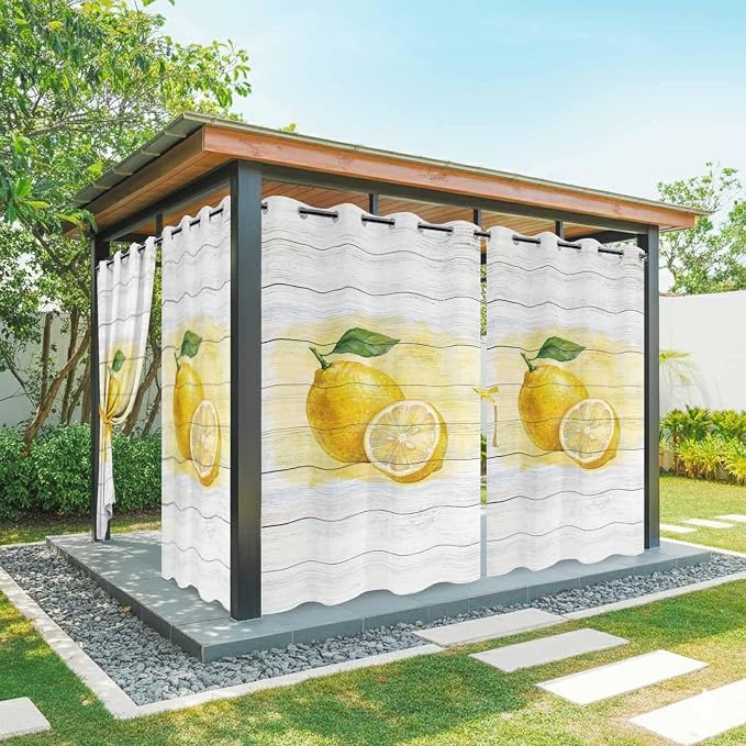 Lemons Yellow Summer Fruit Vintage Wood Outdoor Curtains by Unknown