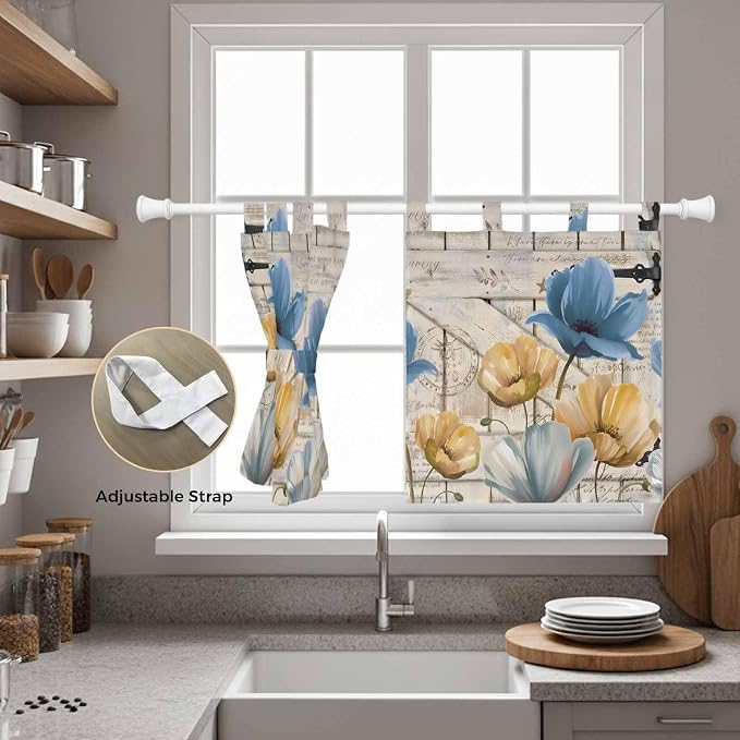 Blue Yellow Tulips Kitchen Curtains 24 Inch Length, Small Window Curtains Tab - Image 5