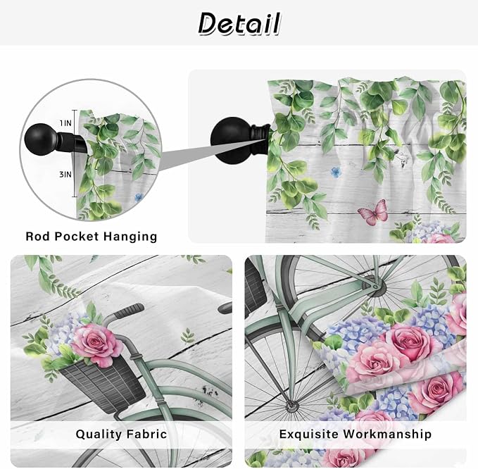 Spring Kitchen Curtains, Bicycles Botanical Rose Leaves Butterfly Wood Grain - Image 9