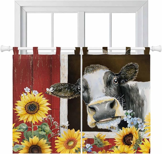 Cows Sunflowers Bedroom Curtains 63 Inch Length, Window Curtains Tab Top by Unknown