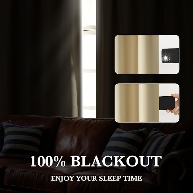 RYB HOME 100% Blackout Short Curtains for Small Window, Thermal Insulated Total Room Darkening Noise Reducing Curtains for Kitchen Bathroom Basement, 42 inches Wide by 45 inches Long, Biscotti Beige