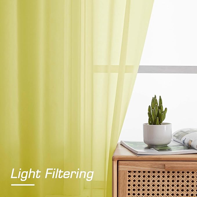 OWENIE Lemon Sheer Curtains for Bedroom Living Room 54 Inch Length 2 Panels Set, Soft Solid Light Filtering Sheer Short Curtains for Small Window, 2 Pcs Total 84 Width 54 Long, Lemon