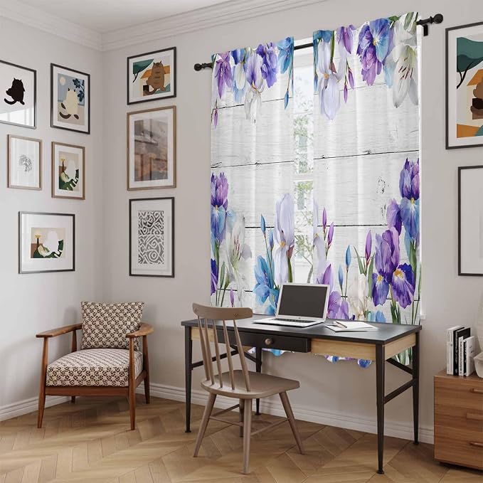 Spring Flowers Kitchen Curtains, Watercolor Garden Florals Wooden Grain Light - Image 6