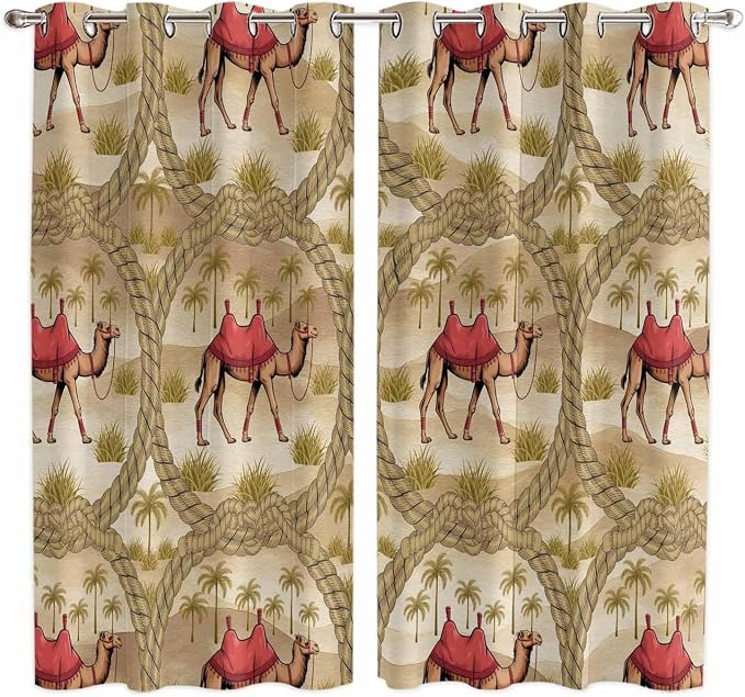 2 Panel Kitchen Cafe Curtains, Desert Camels Sunlight Filtering Nature Air by Hokiten