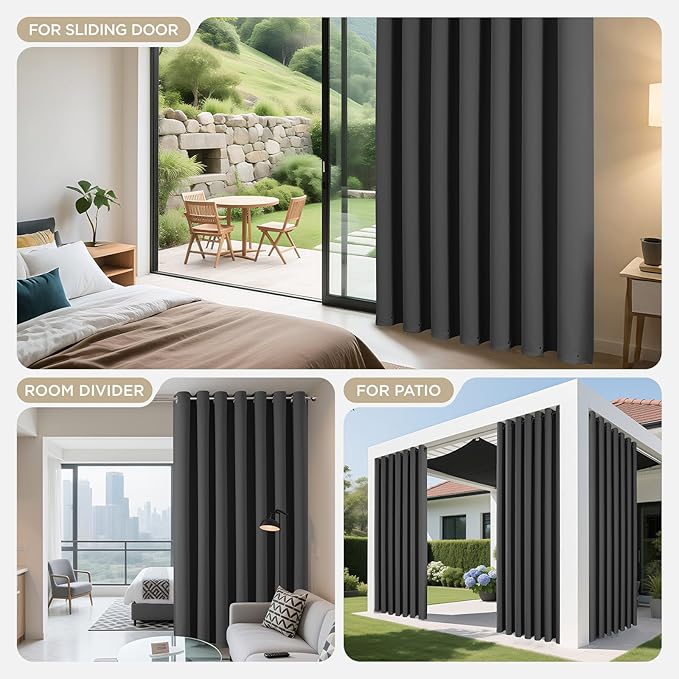 Joydeco Blackout Patio Sliding Door Curtains 96 Inches Long, Grommet Privacy Room Divider Curtains, Extra Wide Thermal Blackout Drapes for Bedroom Living Room (Grey, 70Wx96L, 1 Panel)