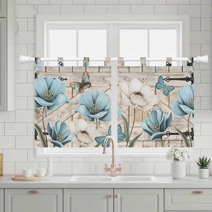 Teal Blue Tulips Kitchen Curtains 36 Inch Length, Small Window Curtains Tab Top - Image 3