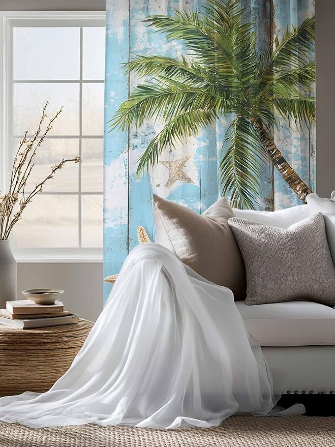 Sheer Curtains 72 Inches Long, Coastal Beach Blue Semi Sheer Curtains Light - Image 4