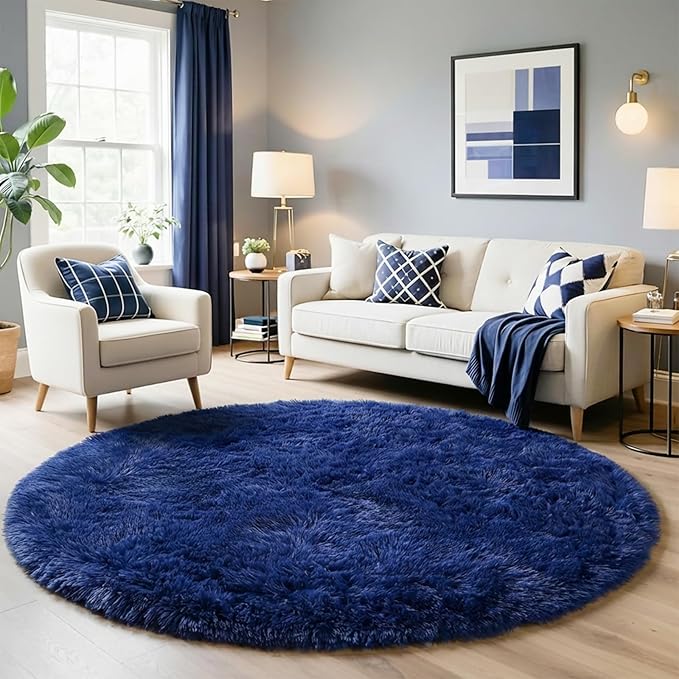 Navy Blue Round Rugs 5Ft for Boys Bedroom, Fluffy Circle Area Rug for Kids, Living Room Decor Aesthetic, Shag Fur Throw Royal Dark Blue Carpet for Baby Nursery, Shaggy Thick Fuzzy Floor Carpets