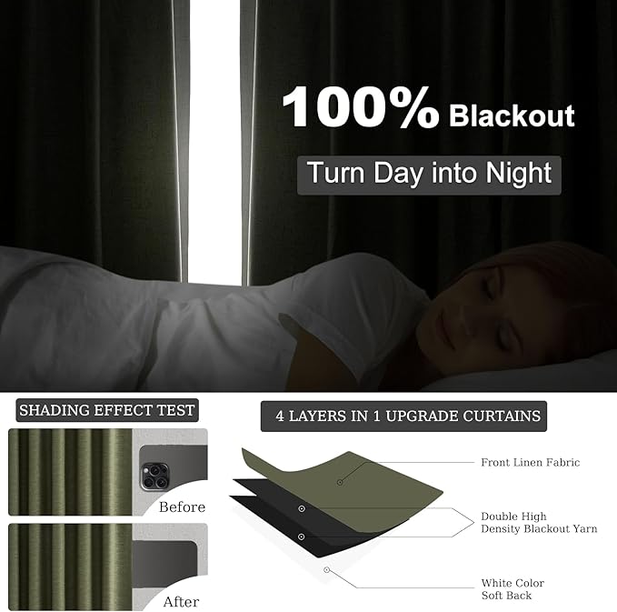 Topfinel 100 Inch Long Black Out Custom Curtains, Olive Green Pleated Window Coverings, Nursery Winter Boho Farmhouse Heat Sound Block Back Tab Curtains for Sliding Door Bay Window