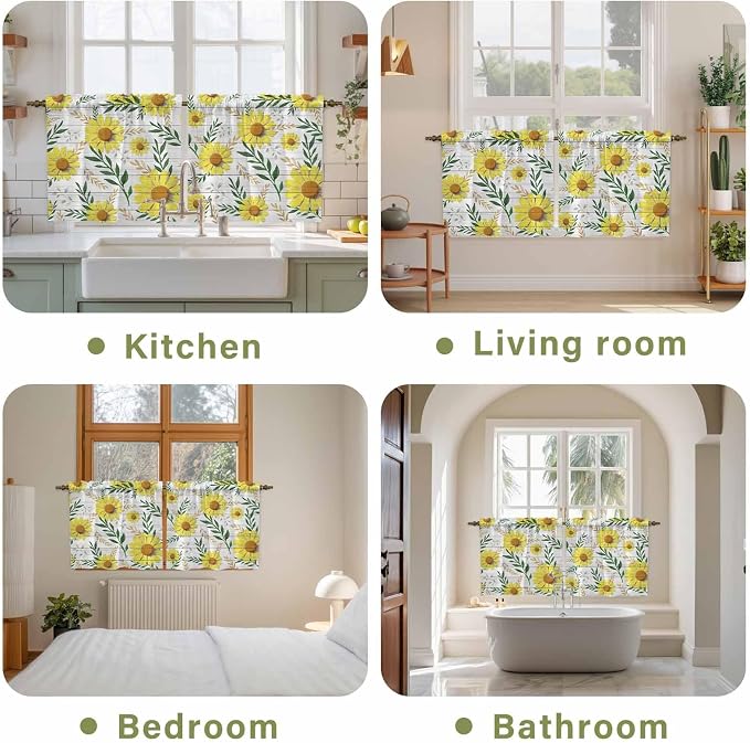 Yellow Daisy Tier Curtains, Farmhouse Country Flower Leaf Plant Wood Grain - Image 8