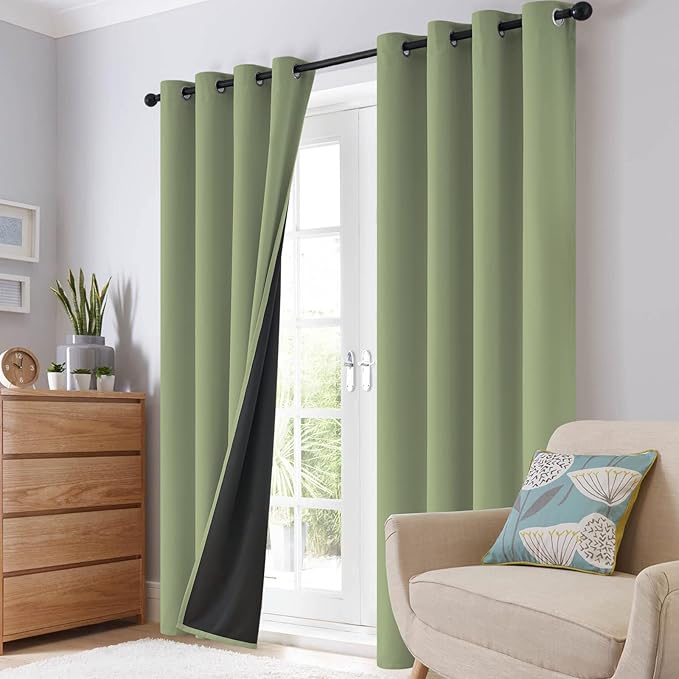 SimpleHome 100% Blackout Curtains for Bedroom,Thermal Insulated Sage Grommet Window Drapes Room Darkening Curtains for Living Room with Black Back,52 x 90 Inch,2 Panels