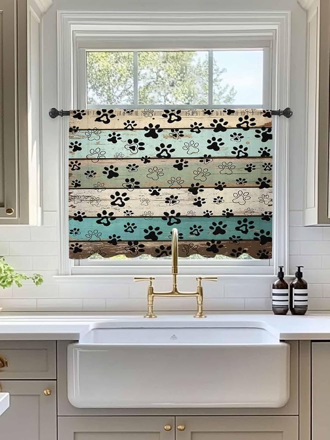 Sheer Curtains 54 Inch Length, Sage Green Brown Paw Prints Semi Sheer Curtains - Image 3