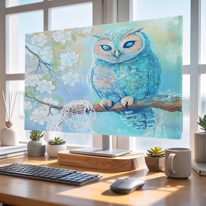 Watercolor Blue Owl Indoor TV Cover, Elastic TV Screen Protector Retro White by Unknown