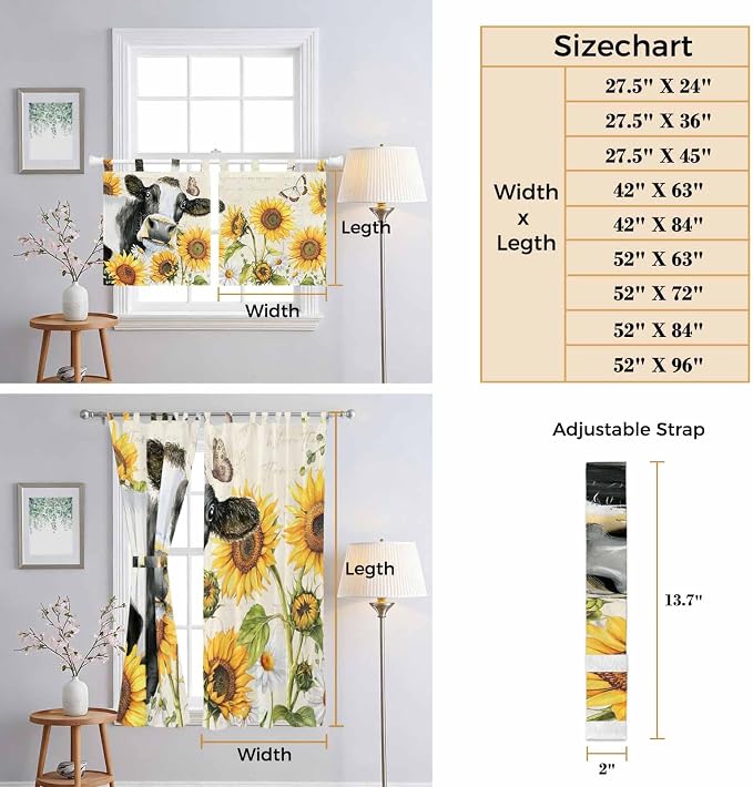 Yellow Sunflowers Kitchen Curtains 36 Inch Length, Small Window Curtains Tab Top - Image 8