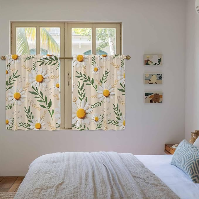 Spring Daisy Kitchen Curtains, Country Watercolor Flower Leaf Plant Light - Image 4