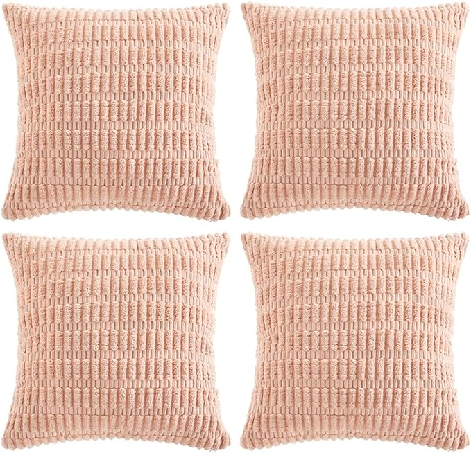 Fancy Homi 4 Packs Boho Pink Decorative Throw Pillow Covers 26x26 Inch for Living Room Couch Bed Sofa, Rustic Modern Farmhouse Home Decor, Soft Plush Corduroy Cute Square Cushion Case 66x66 cm