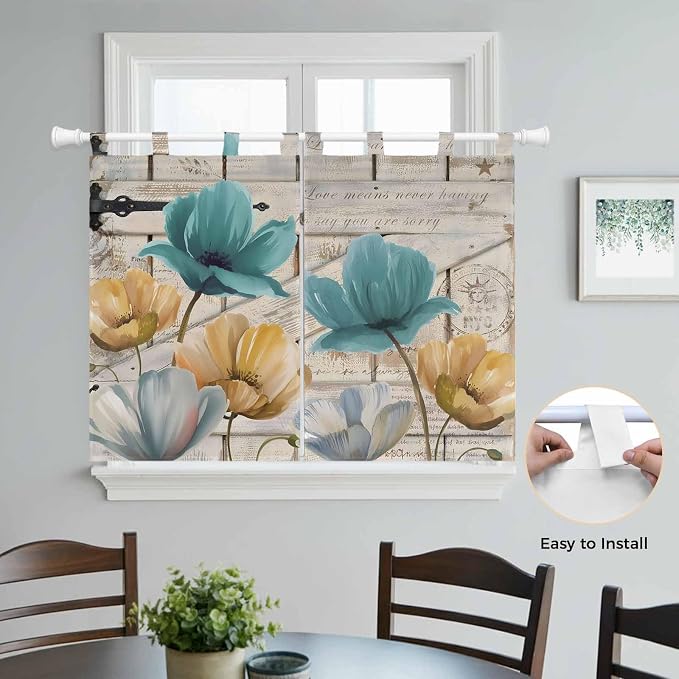 Watercolor Flowers Kitchen Curtains 45 Inch Length, Short Cafe Window Curtains - Image 4