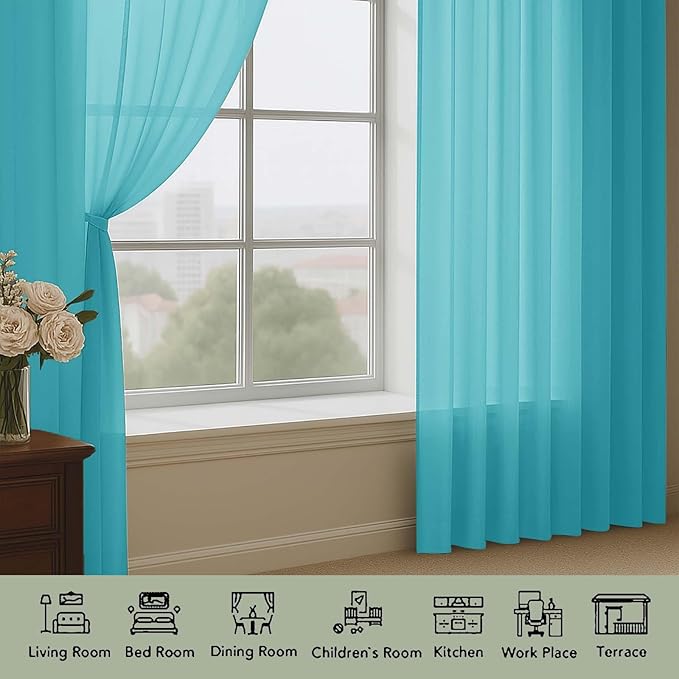 OWENIE Turquoise Sheer Curtains 120 Inches Long 2 Panels Set, Airy Lightweight Sheer Turquoise Curtain for Living Room Bedroom, Farmhouse Voile Filmy Rod Pocket Curtains Drapes, 2 Pcs, Each 59"Wx120"L