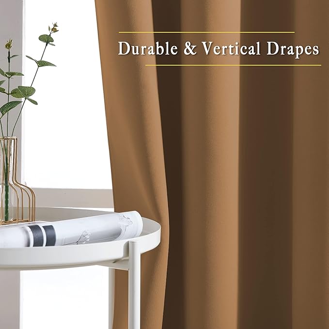NICETOWN Short Blackout Gold Brown Curtains for Bedroom - Energy Saving Thermal Insulated Solid Grommet Room Darkening Small Window Treatments for Kitchen/Cafe, 2 Panels, W34 x L50
