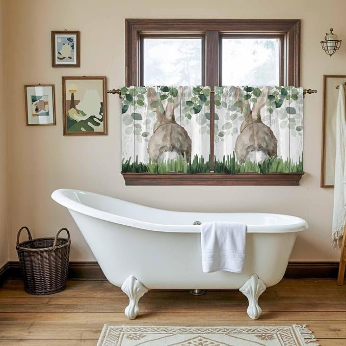 Easter Tier Curtains, Country Rabbit Botanical Leaves Wooden Grain Light - Image 5