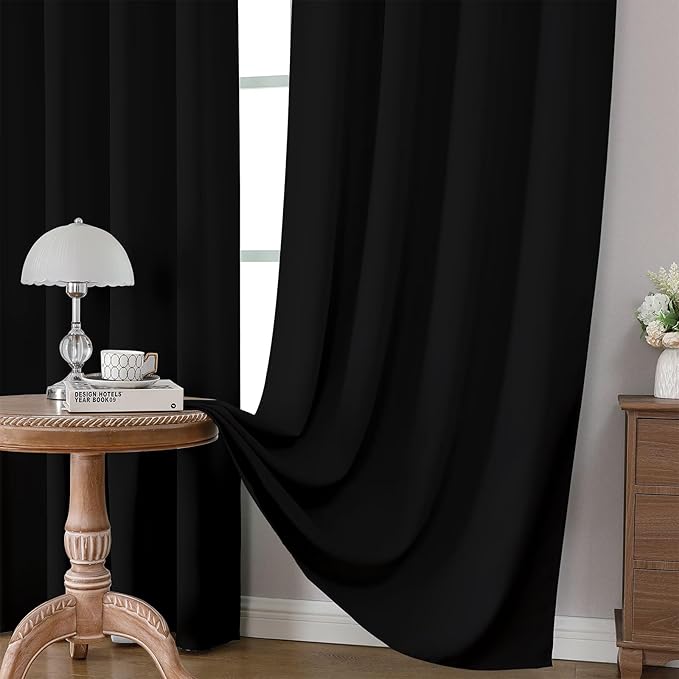 CUCRAF Black Blackout Curtains 45 inch Length 2 Panels Set, Rod Pocket Room Darkening Drapes for Bedroom Living Room, Insulated Thermal Light Blocking Window Curtain (W52 x L45 Inch)