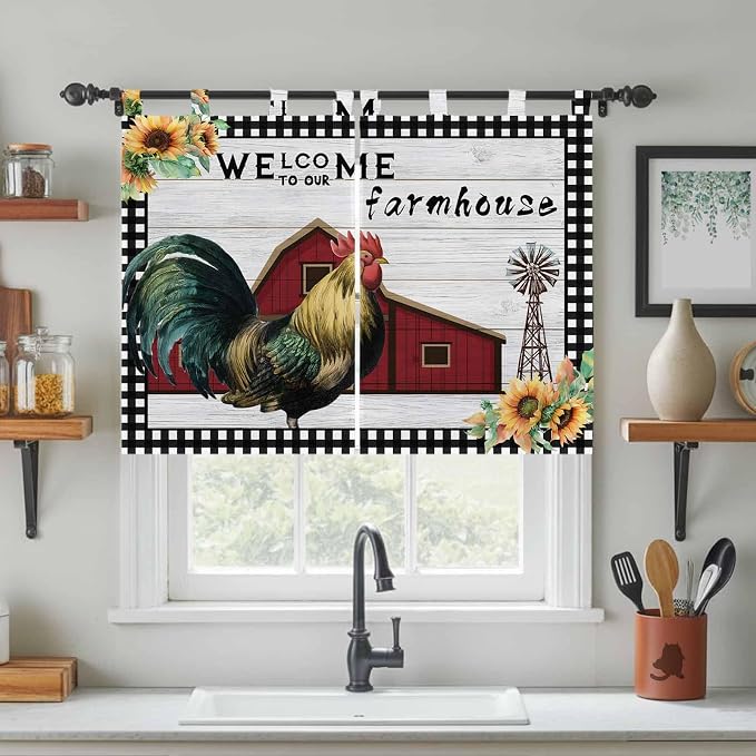Farmhouse Rooster Kitchen Curtains 45 Inch Length, Short Cafe Window Curtains - Image 3