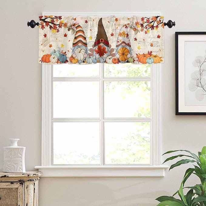 Fall Gnomes Kitchen Curtain Set, Thanksgiving Maple Leaf Rustic Pumpkin Window - Image 7