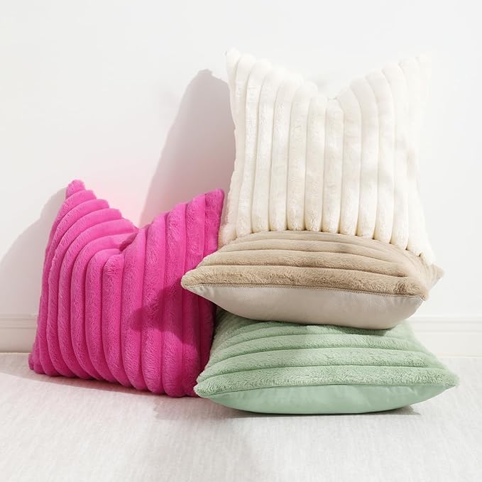 decorUhome Summer Cozy Faux Fur Throw Pillow Covers 24x24 Set of 2 Decorative Plush Striped Modern Farmhouse Boho Couch Euro Sham Pillow Cases with Velvet Back for Sofa Bed Living Room, Sage Green