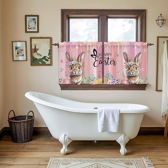 Easter Tier Curtains, Spring Rabbit Eggs Flowers Flags Leaves Wood Grain Light - Image 5