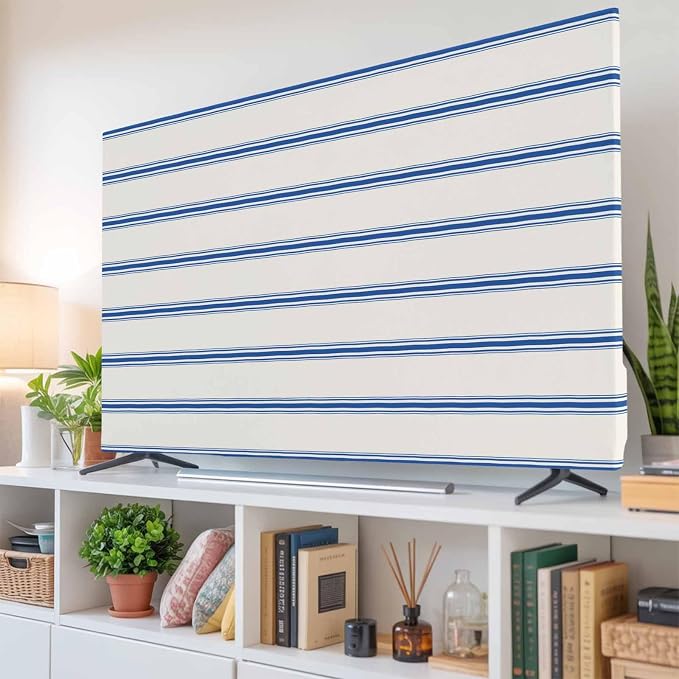 Modern Geometric Blue Stripe Indoor TV Cover, Elastic TV Screen Protector - Image 6