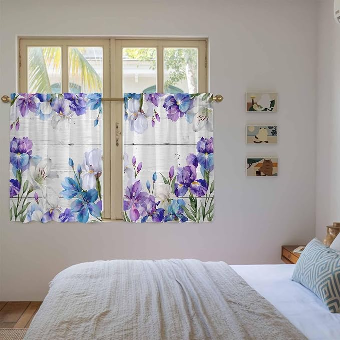Spring Flowers Tier Curtains, Watercolor Garden Florals Wooden Grain Light - Image 4
