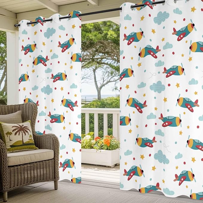 Turquoise Airplane Waterproof Outdoor Curtains - Image 4