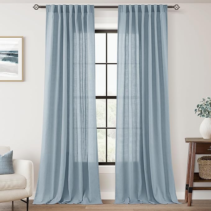 Dusty Blue Linen Curtains 84 inch Long for Living Room Back Tab Light Filtering Semi Sheer Light Blue Bedroom Curtains Linen Cotton Textured Grey Blue Drapery Panel Airy Modern Aesthetic Decor